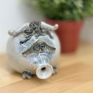 Pottery Piggy Bank Handmade Pig Vintage Grey  Blue